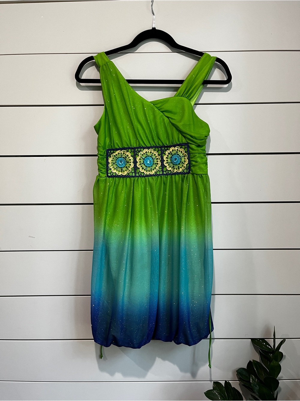 My Michelle Green to Blue Ombre One-Shoulder Dress with Embellished Waist